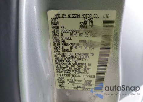 2003 Nissan Frontier Xe-V6 from USA, damaged, VIN 1N6ED26Y93C422769